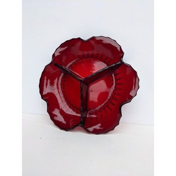 New Martinsville Radiance ruby 3 part relish dish, Ruby glass serving tray - Picture 5 of 9